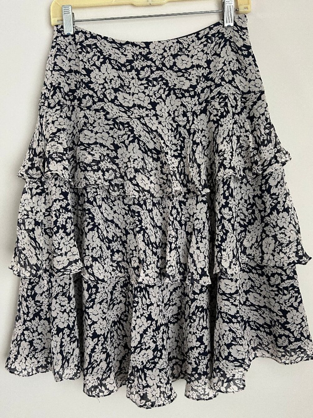 Ralph Lauren Black/White Floral Tiered Midi Skirt Silk Ruffles Lined SZ 2P